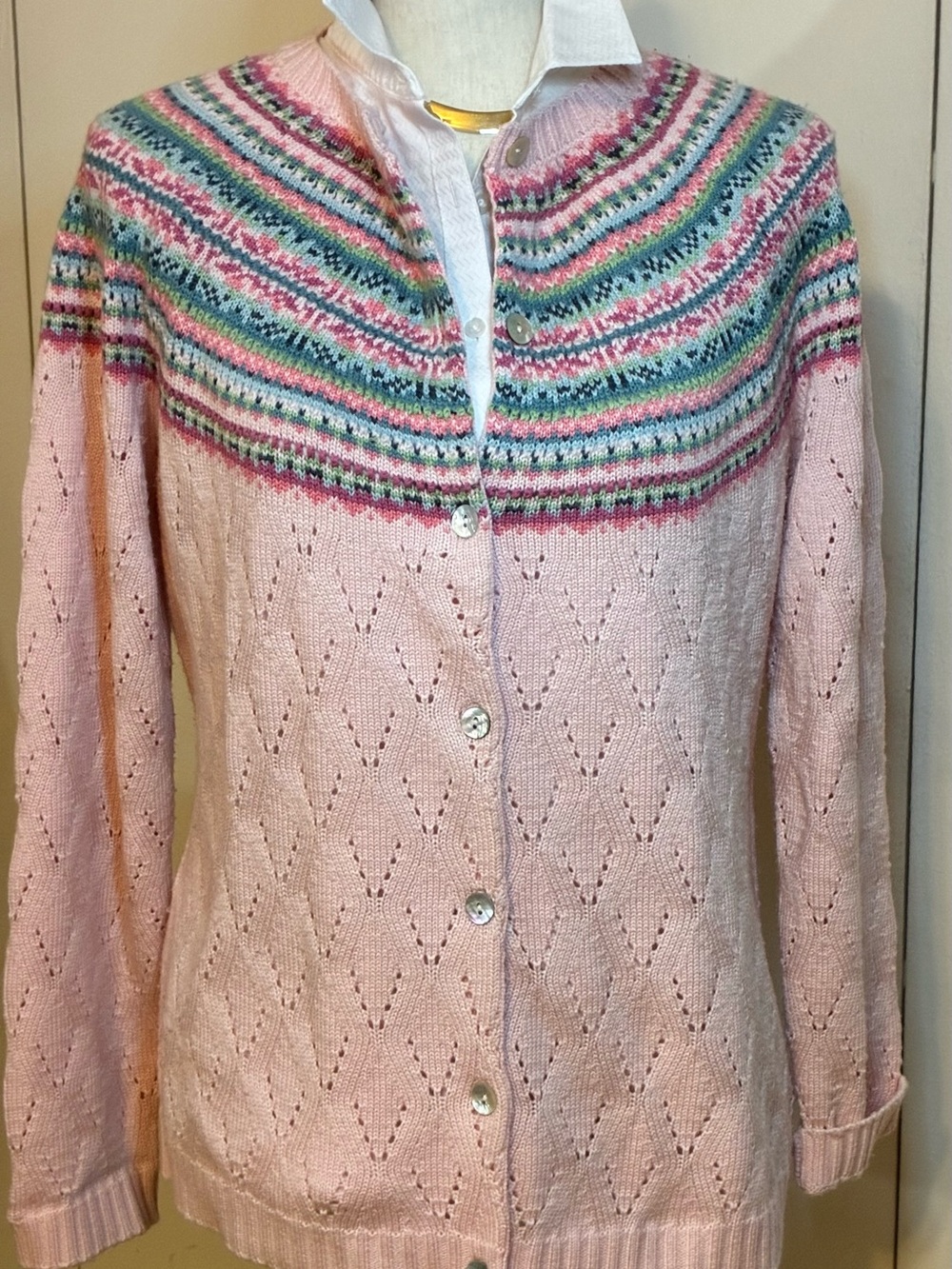 Pastel Pink Fair Isle Yoke Button-Front Appleseeds Limited EditionCardigan